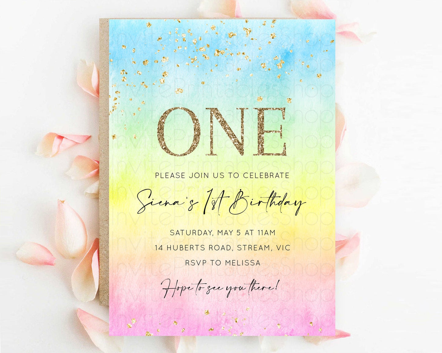 Rainbow Birthday Invitation Colorful Pastel Watercolor Invitation Gold Glitter Sprinkles Ombre Pastel 1st 2nd 3rd Birthday D10483