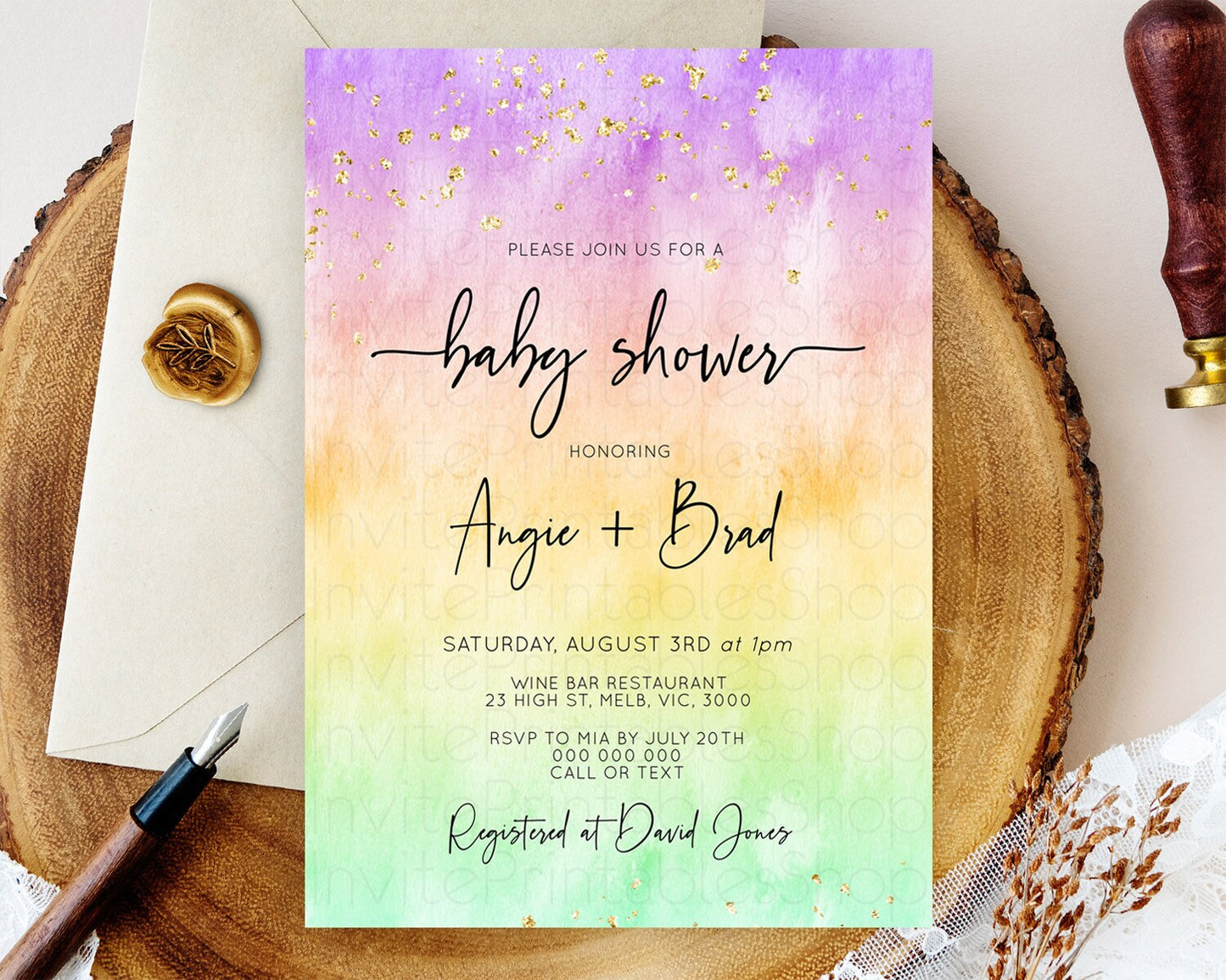 Pastel Baby Shower Invitation Rainbow Baby Shower Invitation Colorful Pastel Watercolor Invitation Gold Glitter Sprinkles Ombre D10514