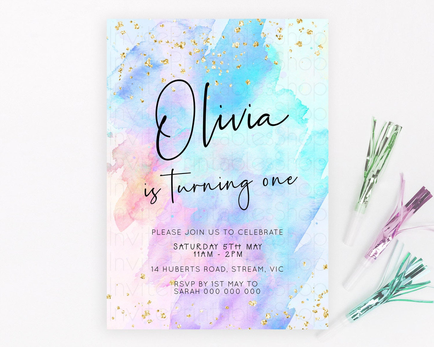 Pastel Birthday Invitation Ombre Watercolor Birthday Invitation Glitter Rainbow Color Splash 1st 2nd 3rd Birthday Invitation D23062