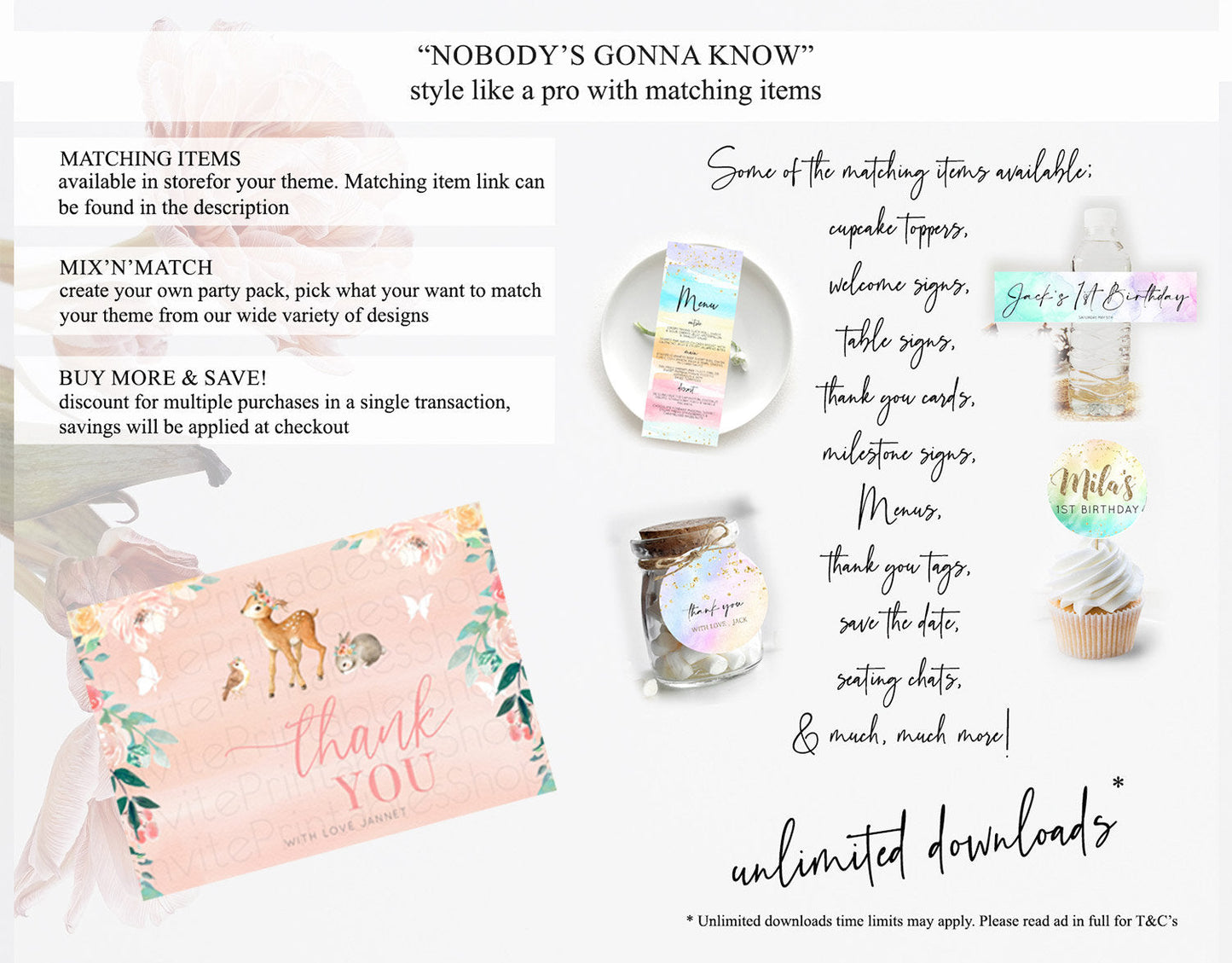 Fawn Thank You Deer Thank You Card Pastel Floral Deer Birthday Thank You Card Enchanted Forest Butterfly Deer Teacher Thank You Card D10921