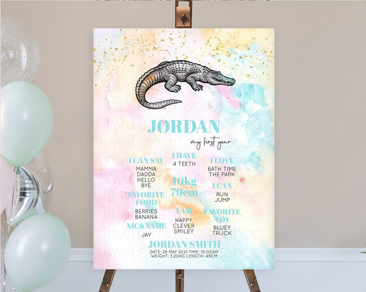 Pastel Crocodile First Birthday Milestone Board Pastel Watercolor Alligator Milestone Poster Colorful Rainbow Birthday Welcome Sign D10285