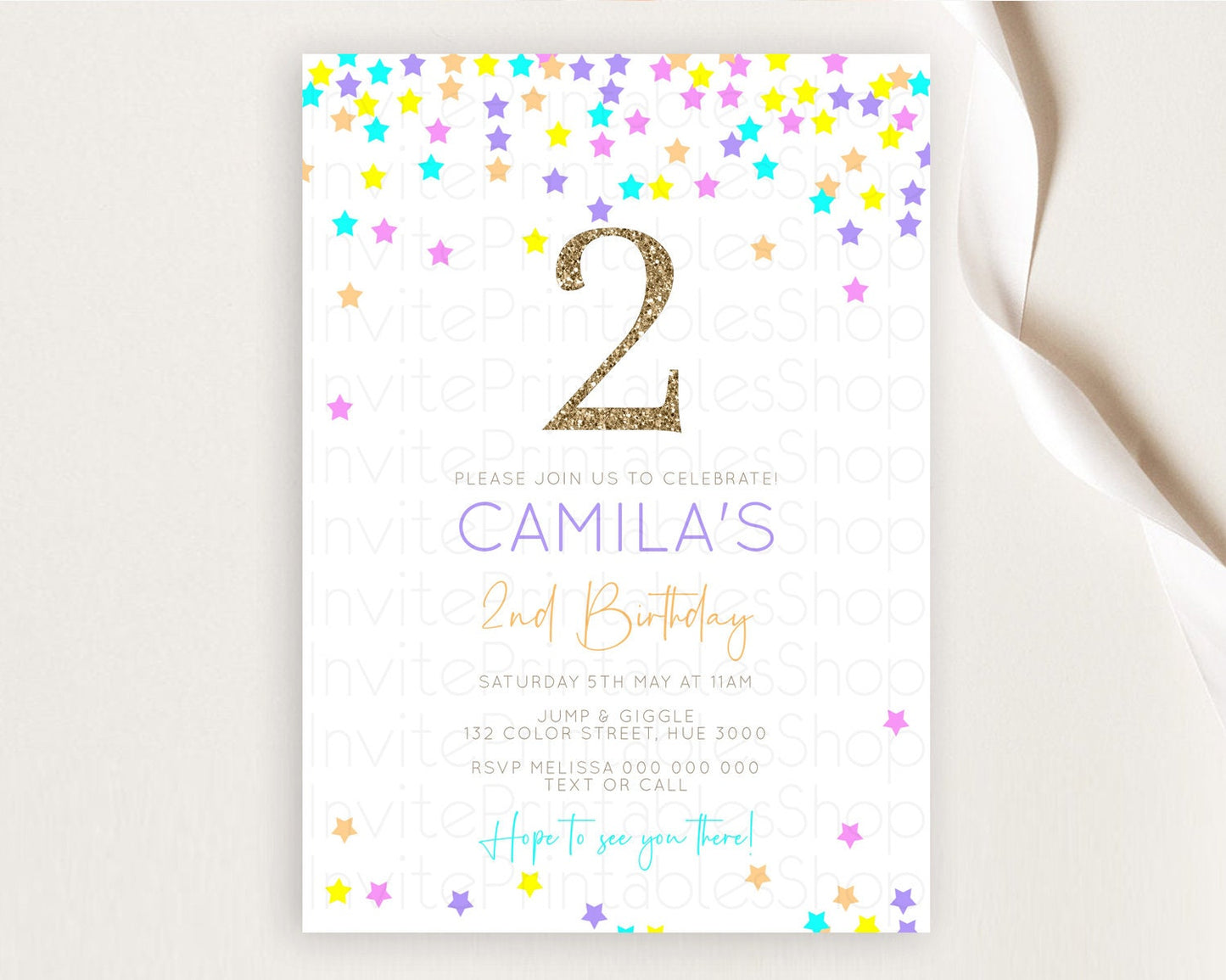 Star Birthday Invitation Pastel Stars Invite Shooting Star Party Rainbow Colorful Confetti Twinkle Little Star 2nd First Birthday D10397