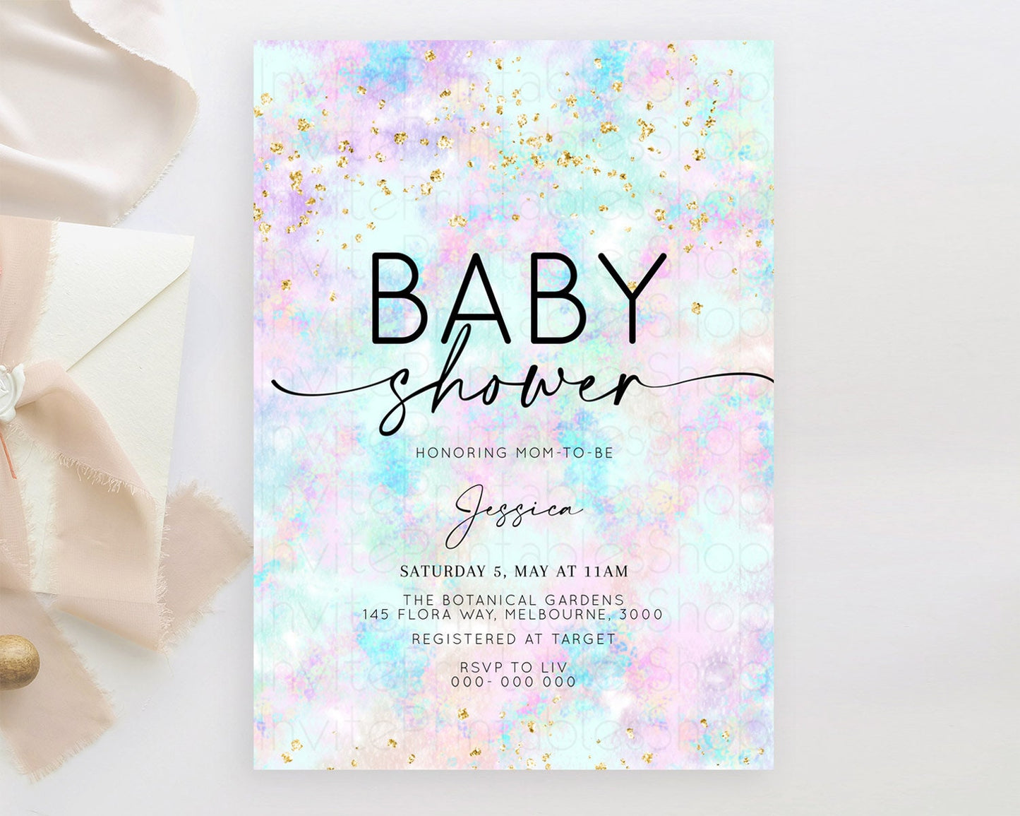 Pastel Baby Shower Invitation Rainbow Baby Shower Invitation Colorful Pastel Watercolor Invitation Gold Glitter Sprinkles Ombre D10652