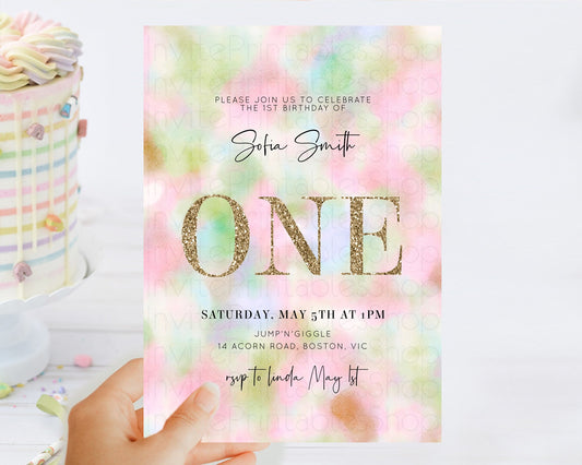 Rainbow Birthday Invitation Colorful Pastel Watercolor Invitation Gold Glitter Sprinkles Ombre Pastel 1st 2nd 3rd Birthday D10698