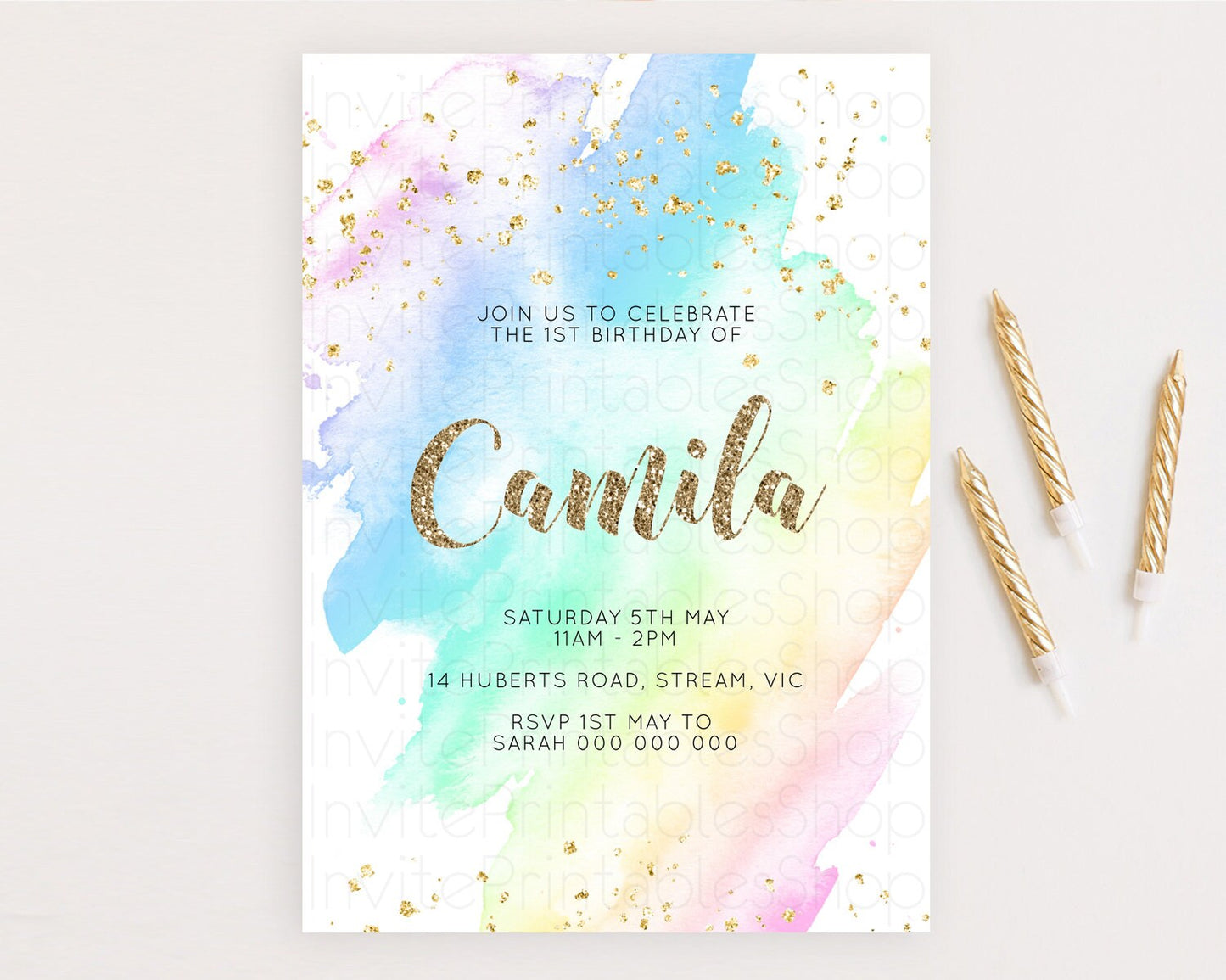 Rainbow Birthday Invitation Colorful Pastel Watercolor Invitation Gold Glitter Sprinkles Ombre Pastel 1st 2nd 3rd Birthday D10637