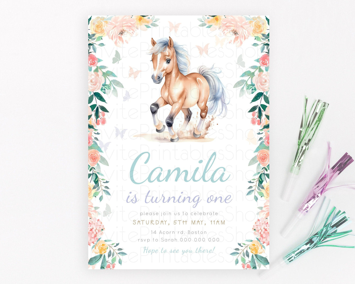 Editable Horse Birthday Invitation Girl Saddle Up Watercolor Cowgirl Party Horse Invite Pink Floral Download Printable Template d23385