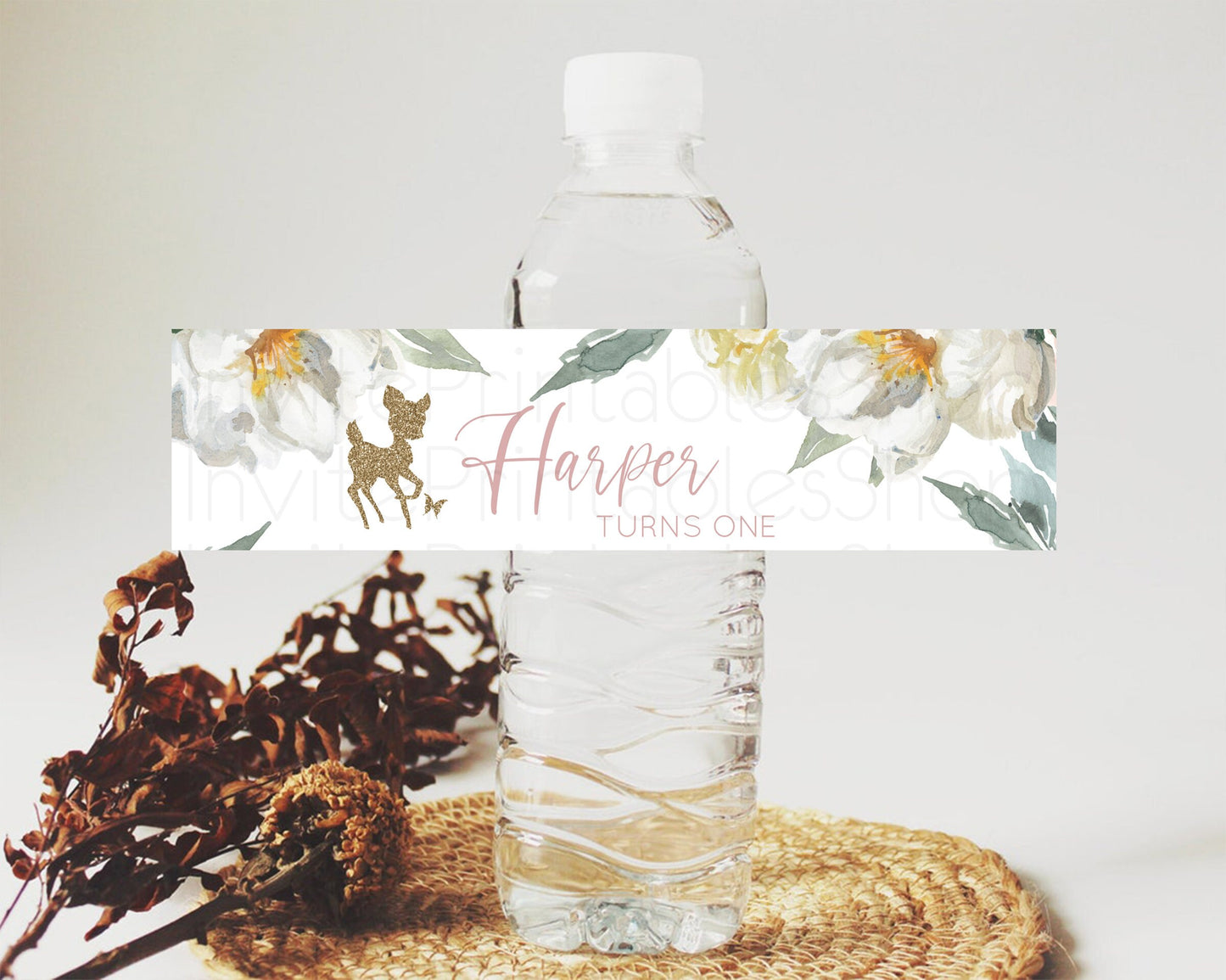 Fawn Deer Water Label Template Pastel Floral Deer Enchanted Forest Butterfly Party Decor Birthday Baptism Baby Shower Bridal Shower D10120