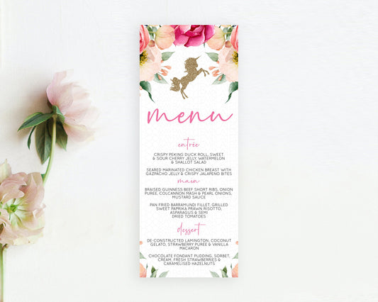 Unicorn Garden Menu Floral Unicorn Menu Template Pastel Floral Secret Garden Dinner Dessert Menu Magical Unicorn Colorful Décor D10966