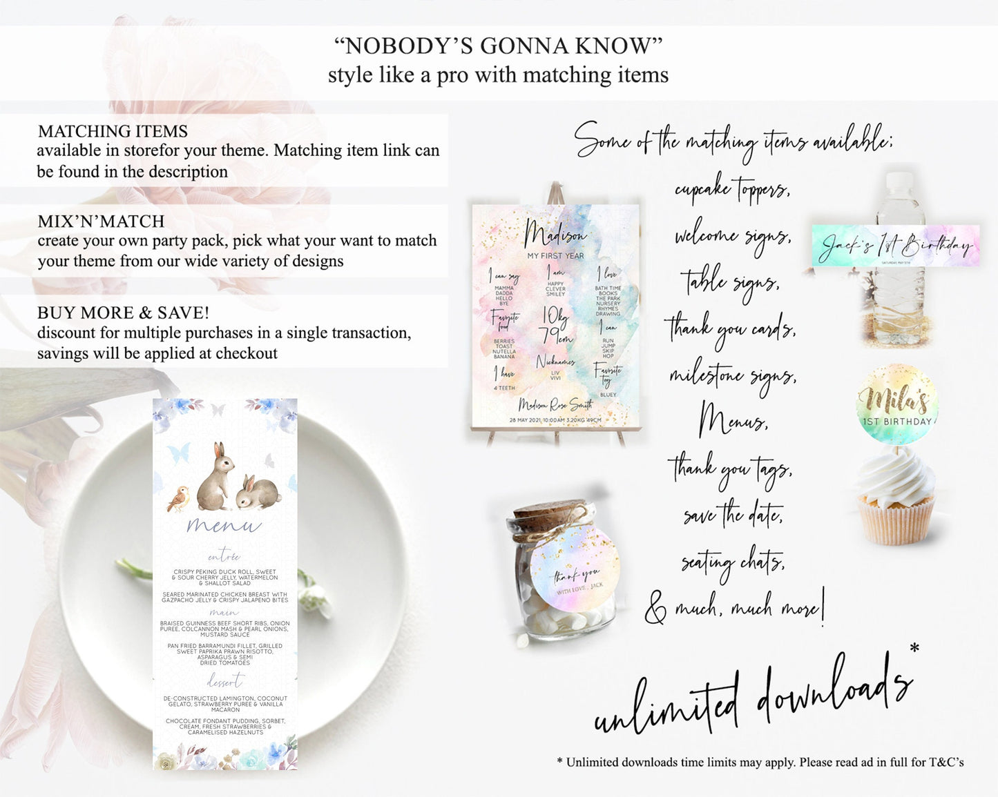 Bunny Menu Floral Bunny Menu Template Pastel Flowers Bunny Table Decor Secret Garden Bunny Dinner Dessert Menu Party Food Menu D10927