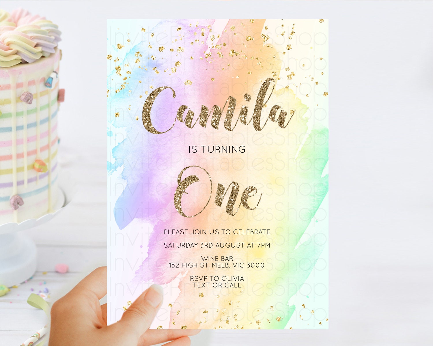 Editable Rainbow Birthday Invitation Colorful Pastel Watercolor Invitation G