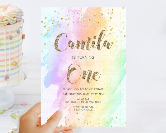 Editable Rainbow Birthday Invitation Colorful Pastel Watercolor Invitation G