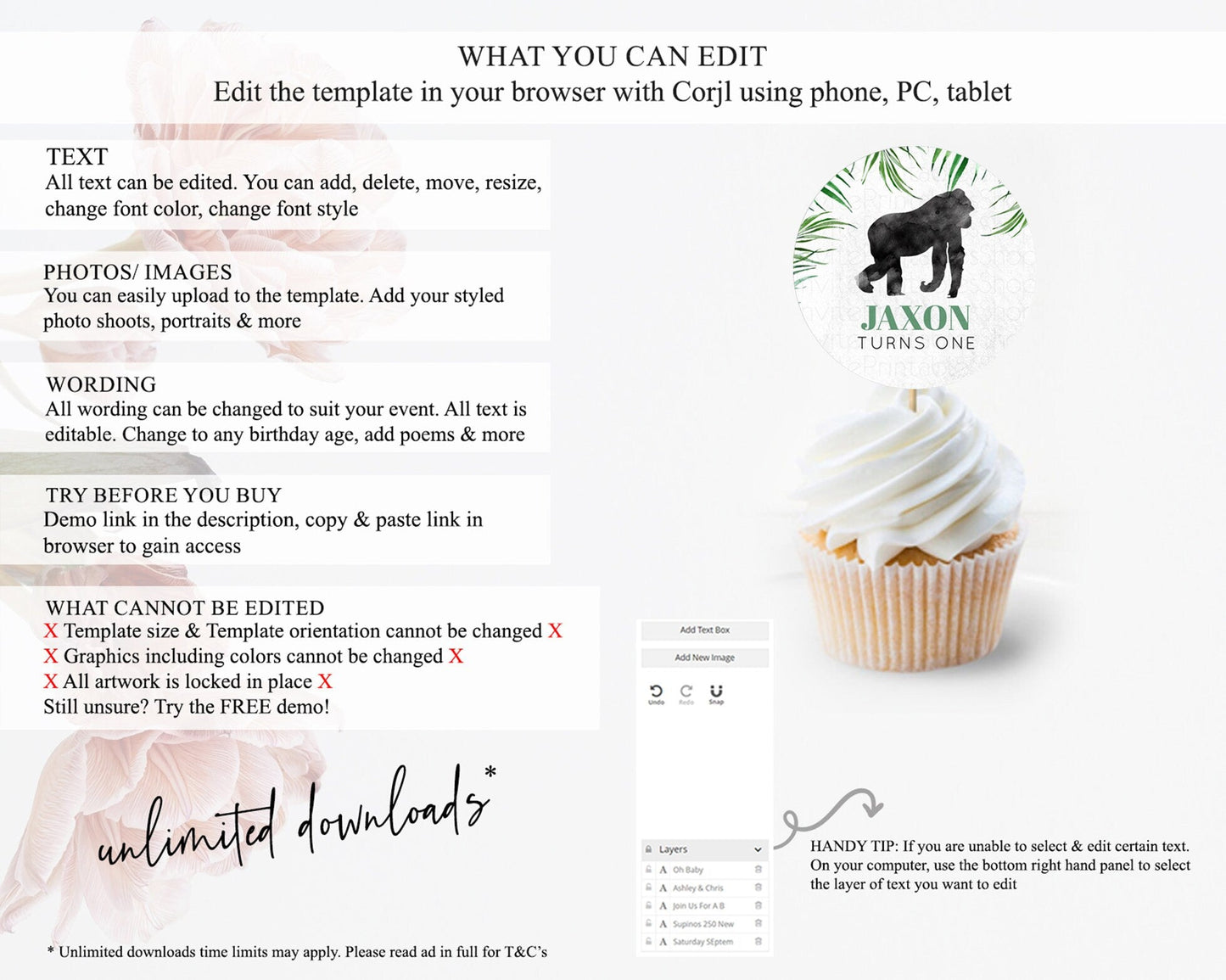 Gorilla Cupcake Toppers Jungle Gorilla Cupcake Gorilla Party Decor Gorilla Jungle Adventure Zoo Green Palm Leaf Fern First Birthday D10840