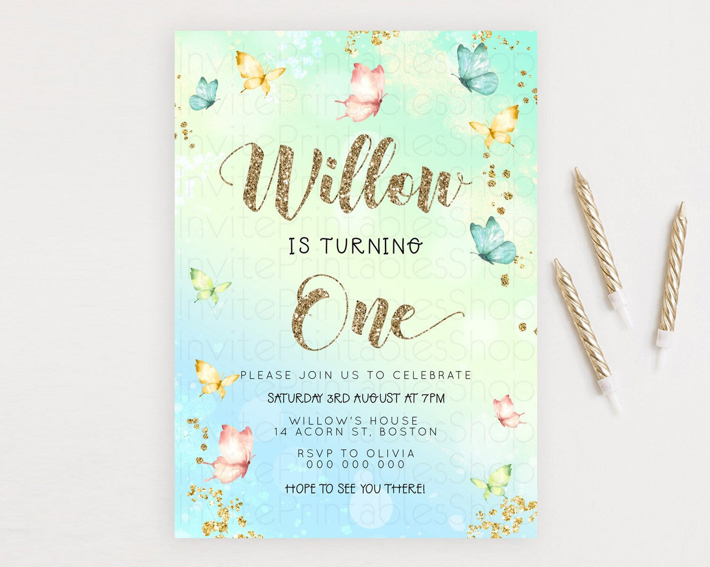 Pastel Butterfly Birthday Invitation Butterfly Birthday Invitation Colorful Splash Glitter Butterfly Garden 1st 2nd Birthday D23078