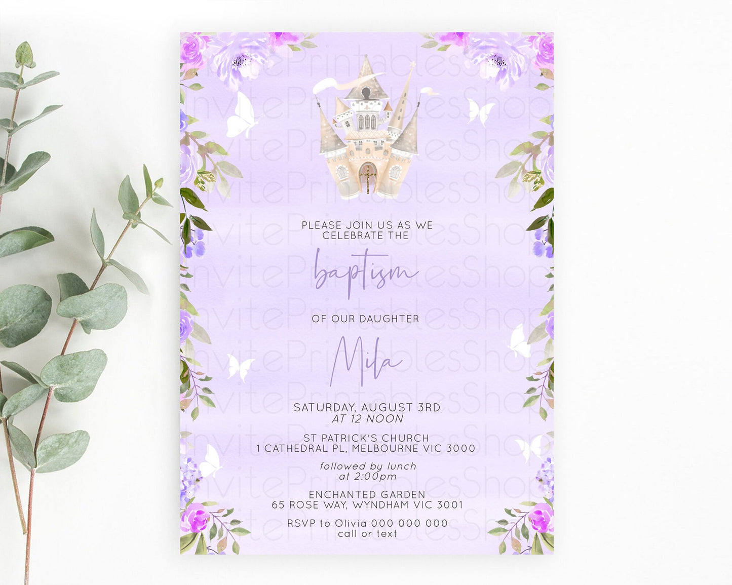 Princess Baptism Invitation Enchanted Castle Baptism 1st Birthday Invitation Royal Party Pastel Floral Secret Garden Christening D10339