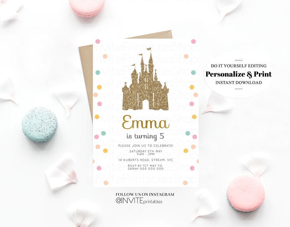 Princess Birthday Invitation Royal Castle Gold Glitter Foil Rainbow Pastel Stars Confetti Sprinkles Fairy Dust Colorful Cursive 303