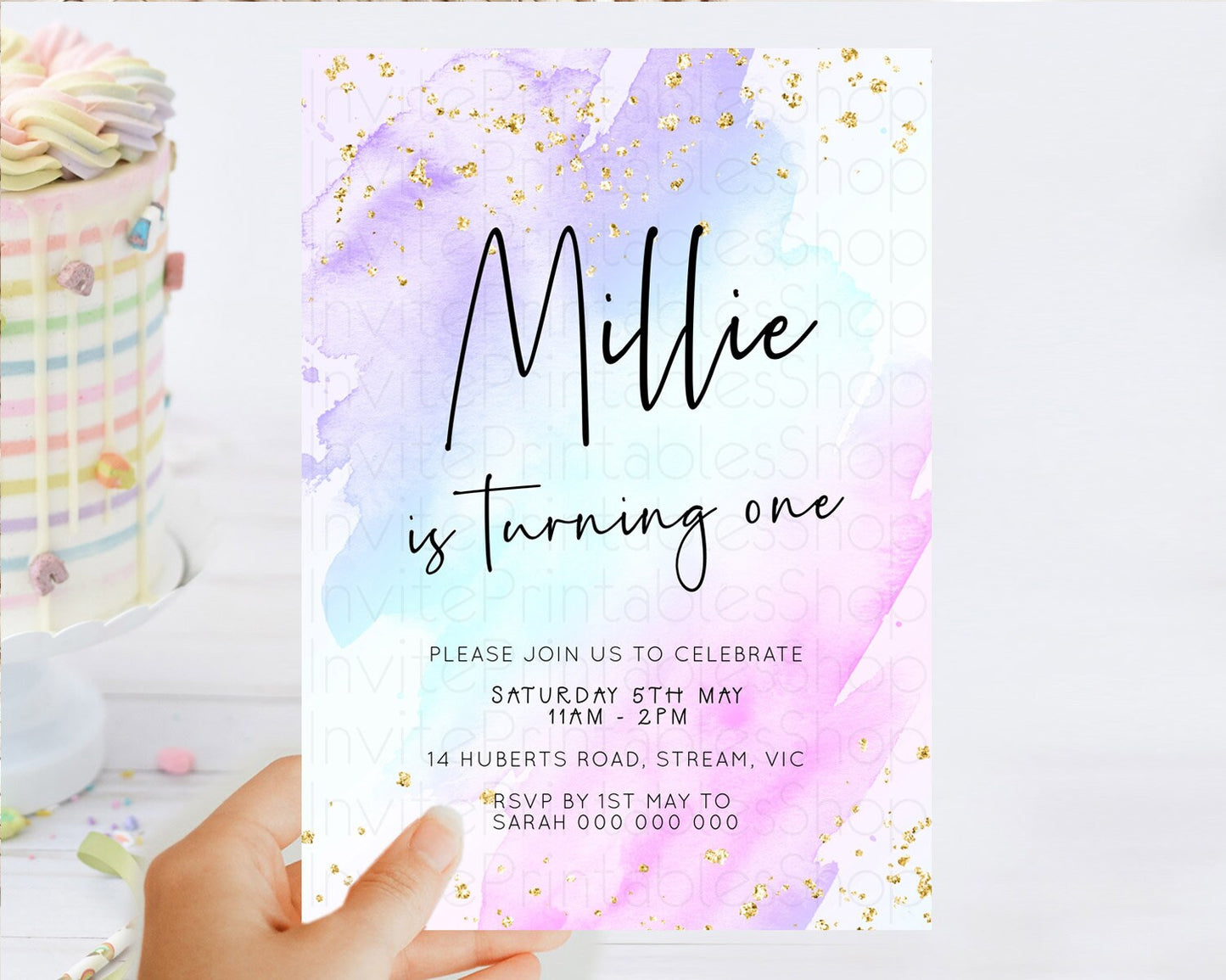 Pastel Birthday Invitation Ombre Watercolor Birthday Invitation Glitter Rainbow Color Splash 1st 2nd 3rd Birthday Invitation D23052