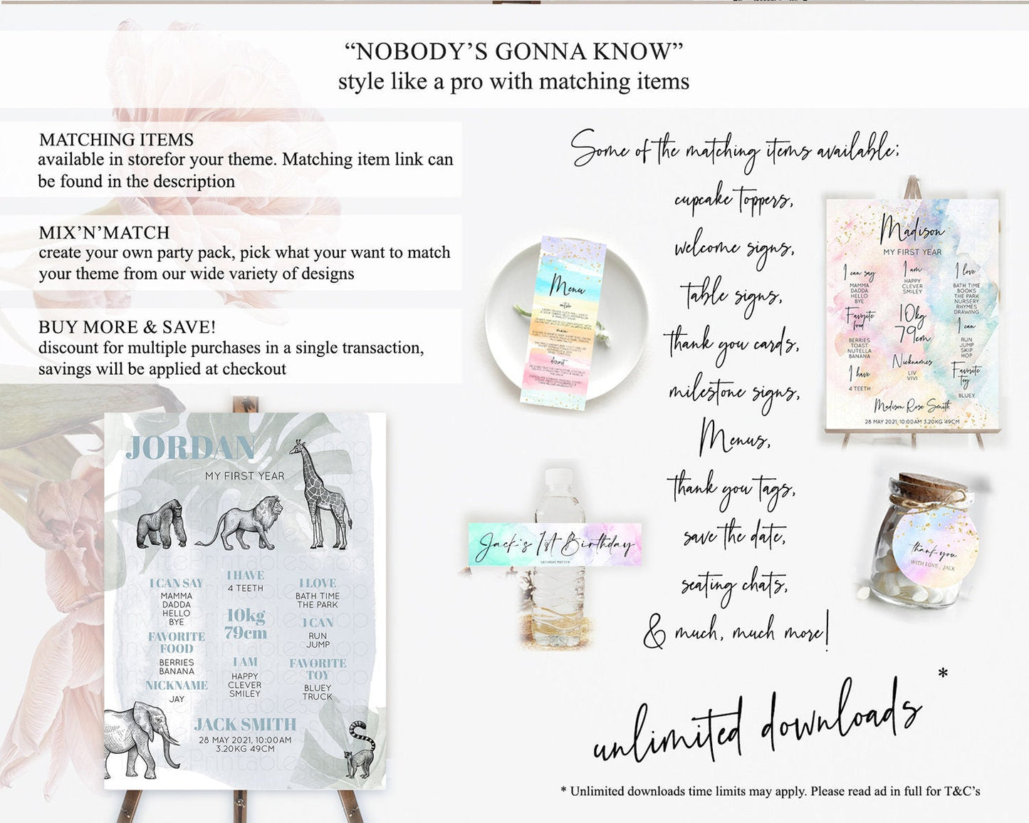 Safari First Birthday Milestone Poster Lion Gorilla Elephant Rhino Tropical Palm Jungle Zoo Party Animal 1st Birthday Welcome Sign D10821