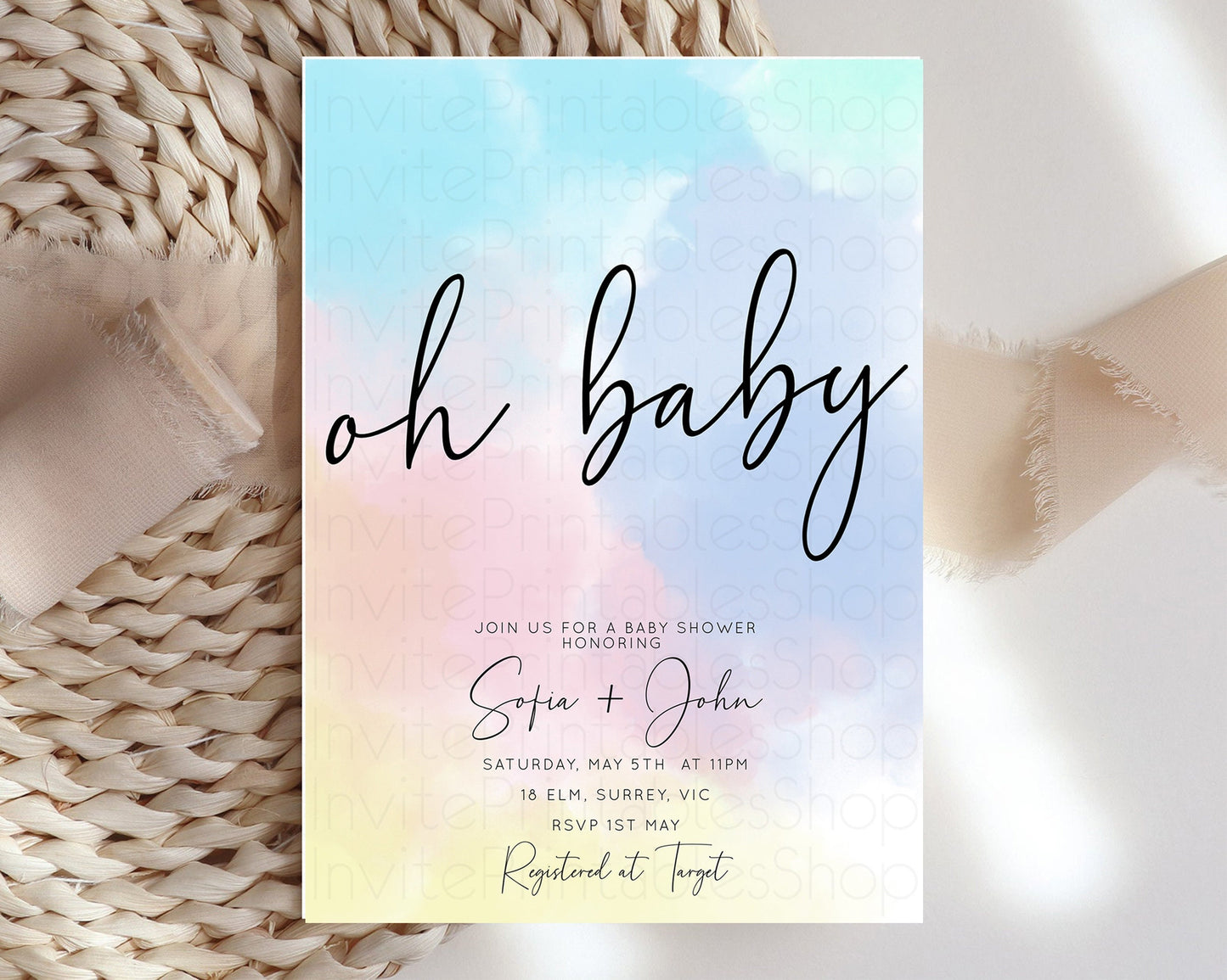 Pastel Rainbow Baby Shower Invitation Colorful Watercolor Invite Ink Splash Blue Yellow Pink Purple Gender Neutral 446