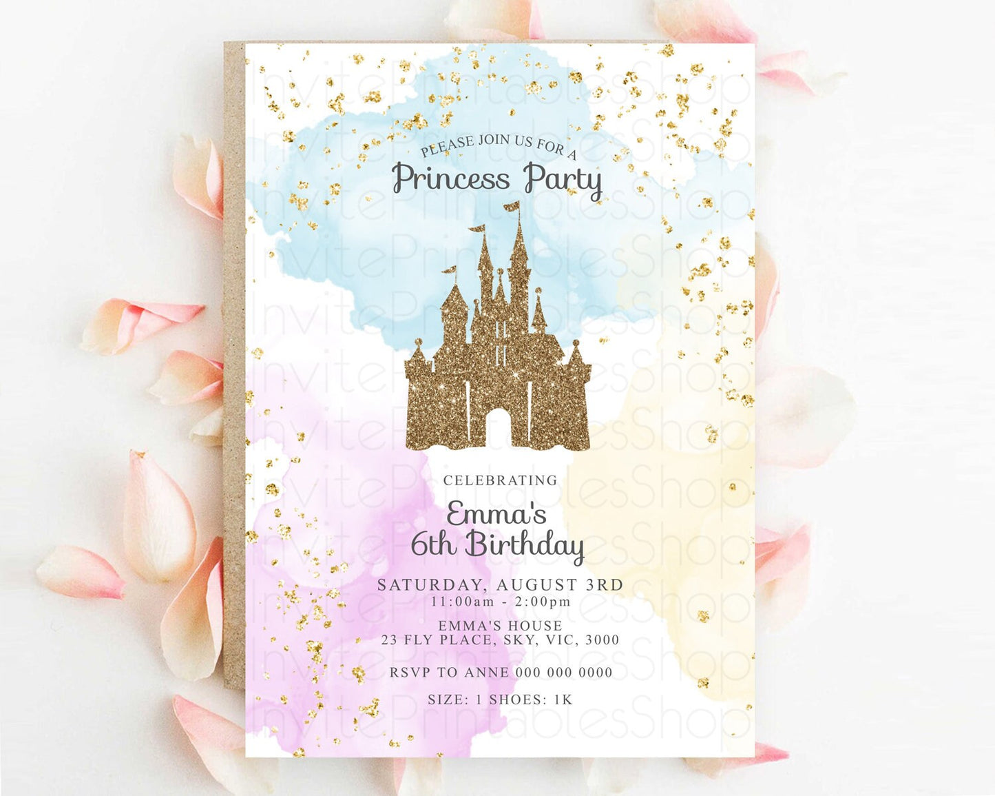 Princess Birthday Invitation Princess Invitation Pastel Invitation Royal Birthday Rainbow Color Enchanted Castle 1st First Birthday D10154