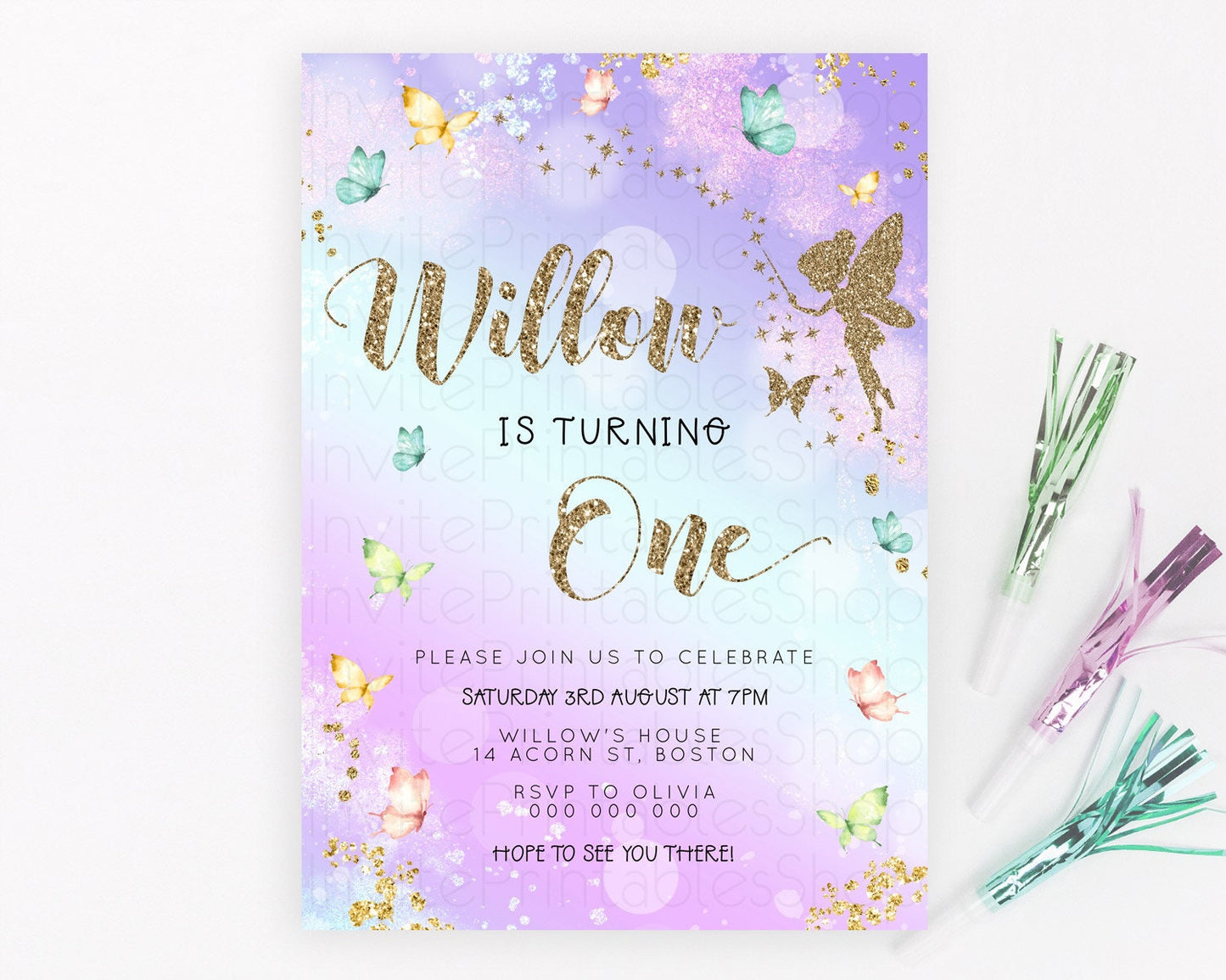 Pastel Fairy Birthday Invitation Pastel Butterflies Fairy Birthday Invitation Rainbow Ombre Watercolor 1st 2nd Birthday Invitation D23166