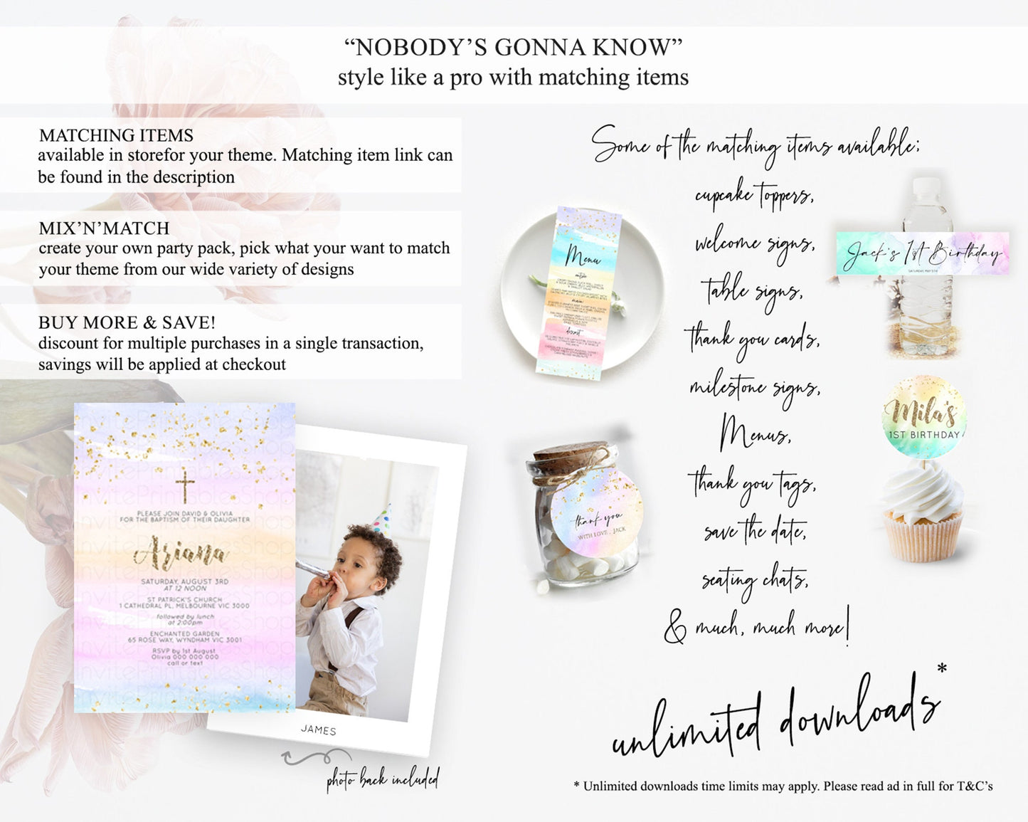 Pastel Baptism Invitation Pastel Colors Watercolor Baptism 1st Birthday Party Gold Ombre Pastel Rainbow Christening Holy Communion D10595