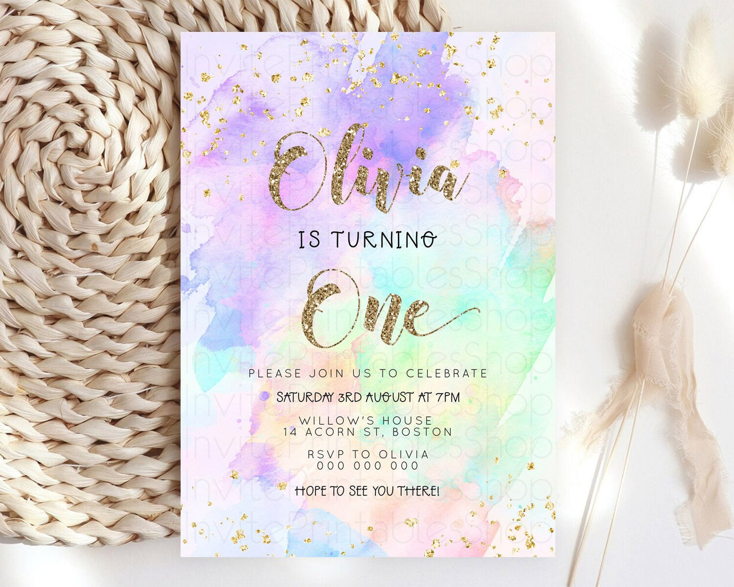 Rainbow Birthday Invitation Colorful Pastel Watercolor Invitation Gold Glitter Sprinkles Ombre Pastel 1st 2nd 3rd Birthday D23297