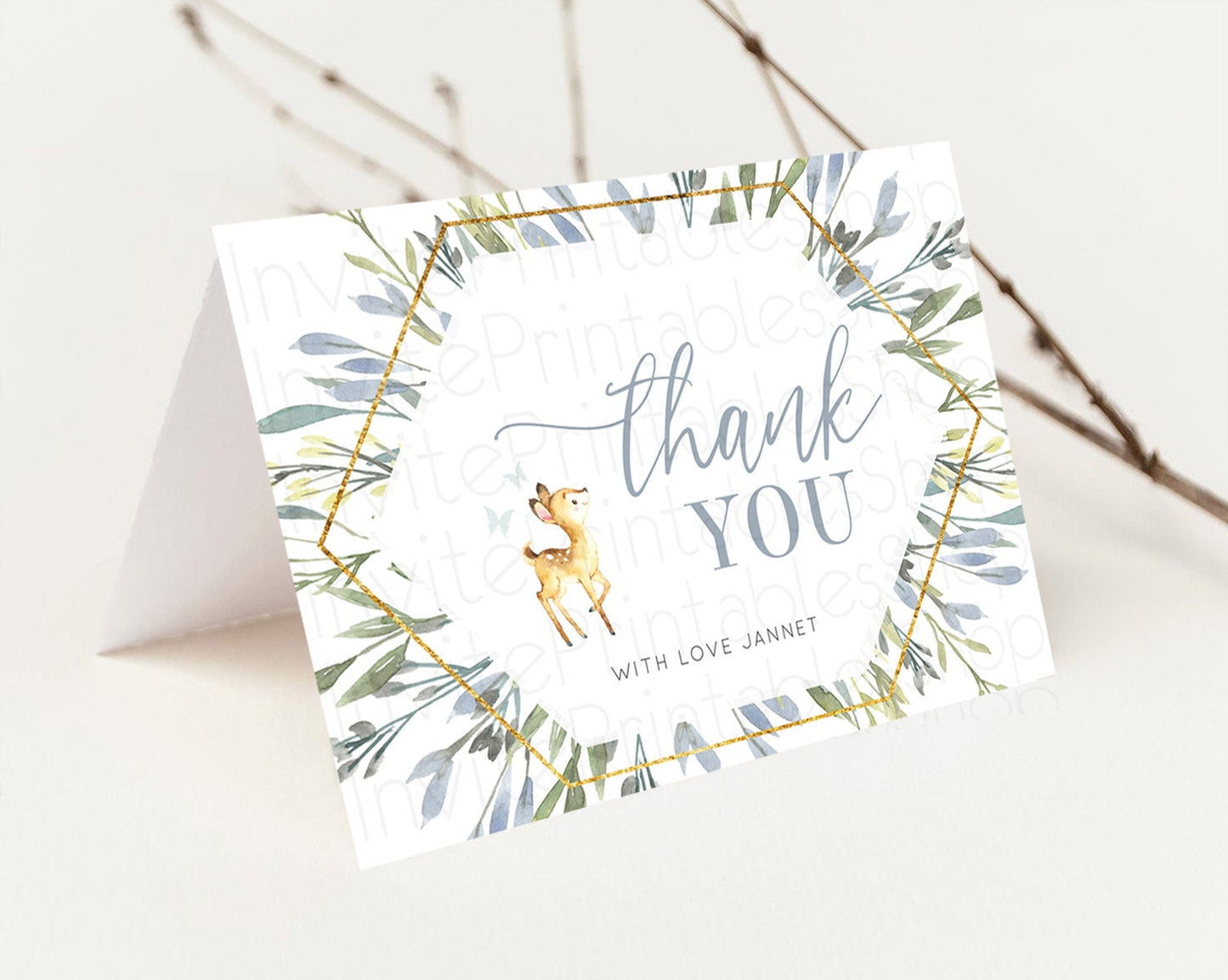 Fawn Thank You Deer Thank You Card Pastel Floral Deer Birthday Thank You Card Enchanted Forest Butterfly Deer Teacher Thank You Card D10400