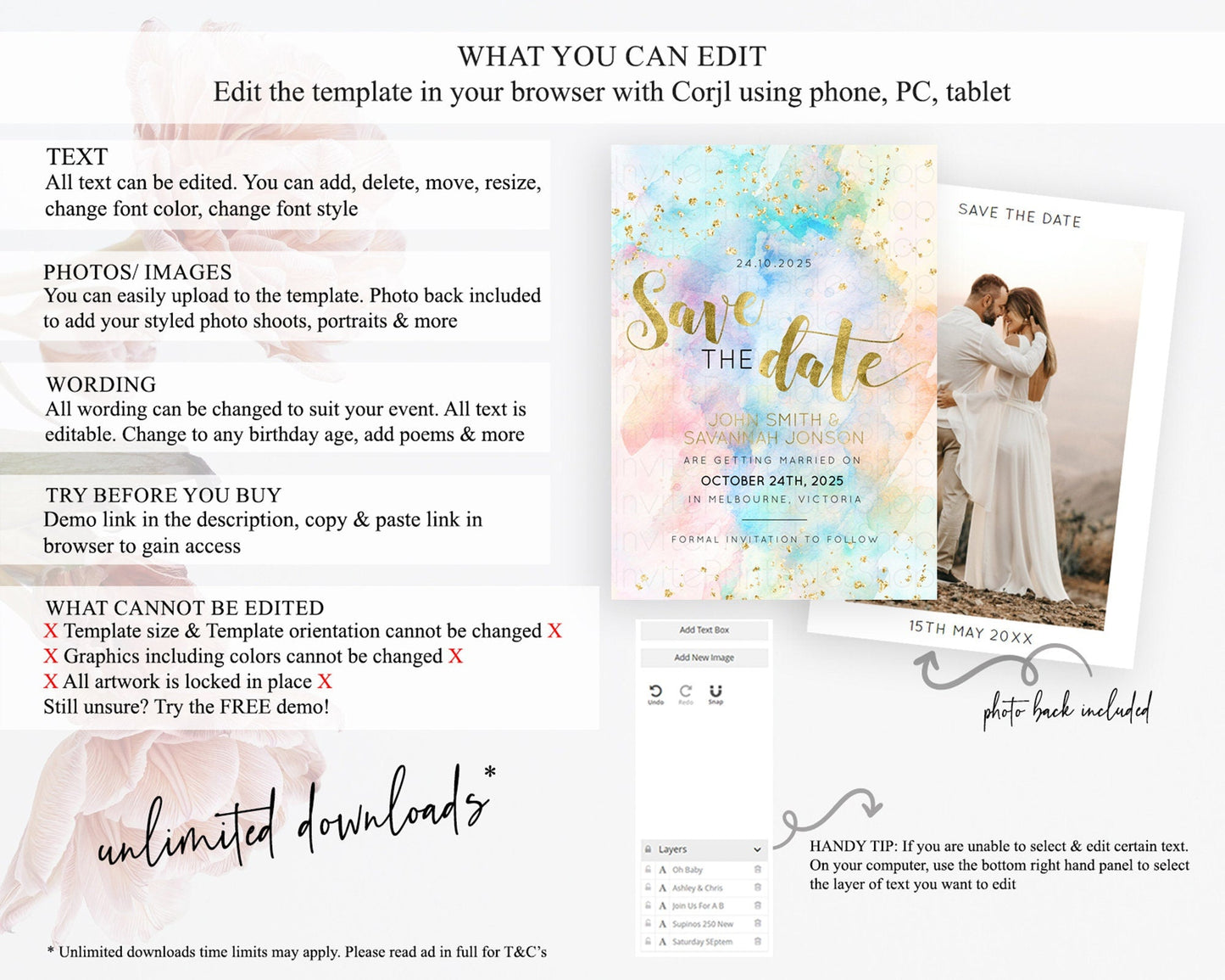 Pastel Save The Date Template Pastel Ombre Rainbow Watercolor Colorful Party For Birthday Baptism Baby Shower Wedding Bridal Shower D10272