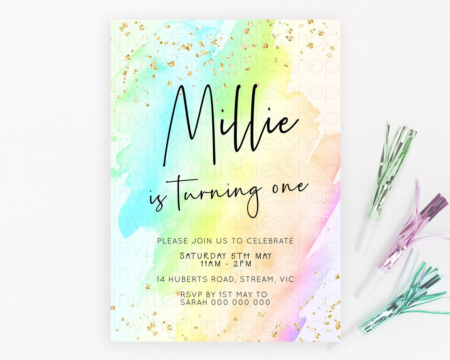 Pastel Birthday Invitation Ombre Watercolor Birthday Invitation Glitter Rainbow Color Splash 1st 2nd 3rd Birthday Invitation D23051