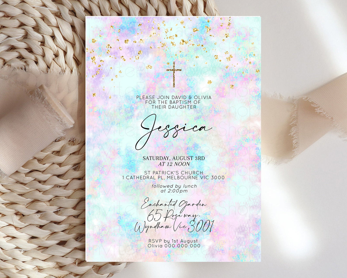 Pastel Baptism Invitation Rainbow Christening Invitation Holy Communion Invite Baptism 1st Birthday Sprinkles Ombre Watercolor Splash 605
