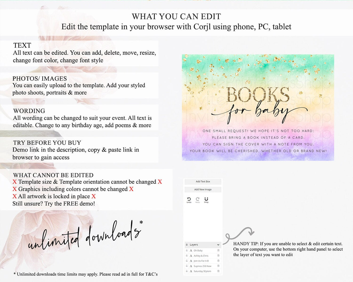 Pastel Books For Baby Card Pastel Rainbow Book Insert Colorful Ombre Watercolor Book Card Confetti Glitter Baby Book Poem Request D10481
