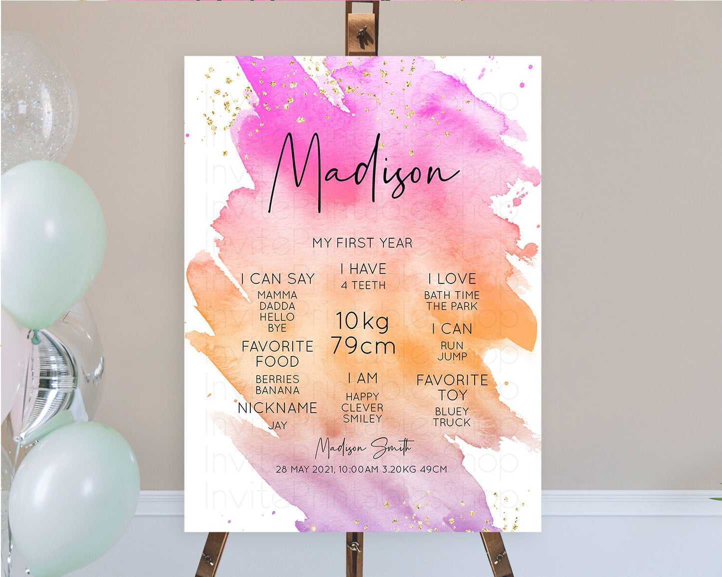 Pastel First Birthday Milestone Board Pastel Rainbow Milestone Poster Colorful Confetti Watercolor Glitter 1st Birthday Welcome Sign D10488