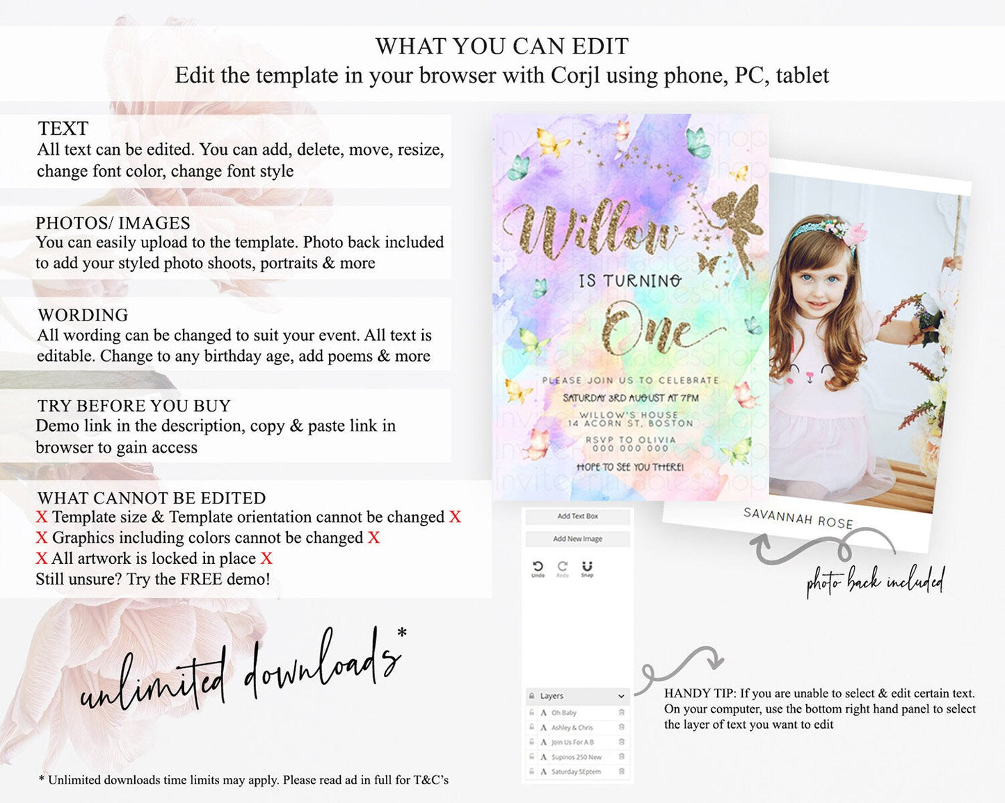 Pastel Fairy Birthday Invitation Pastel Butterflies Fairy Birthday Invitation Rainbow Ombre Watercolor 1st 2nd Birthday Invitation D23344