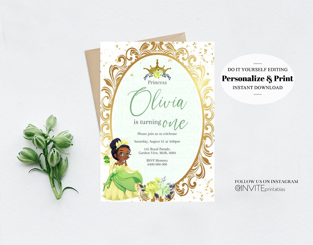 Princess Tiana Birthday Invitation Rose Crown Enchanted Castle Invitation Fairy Tale Mirror Mirror Gold Glitter Royal Celebration