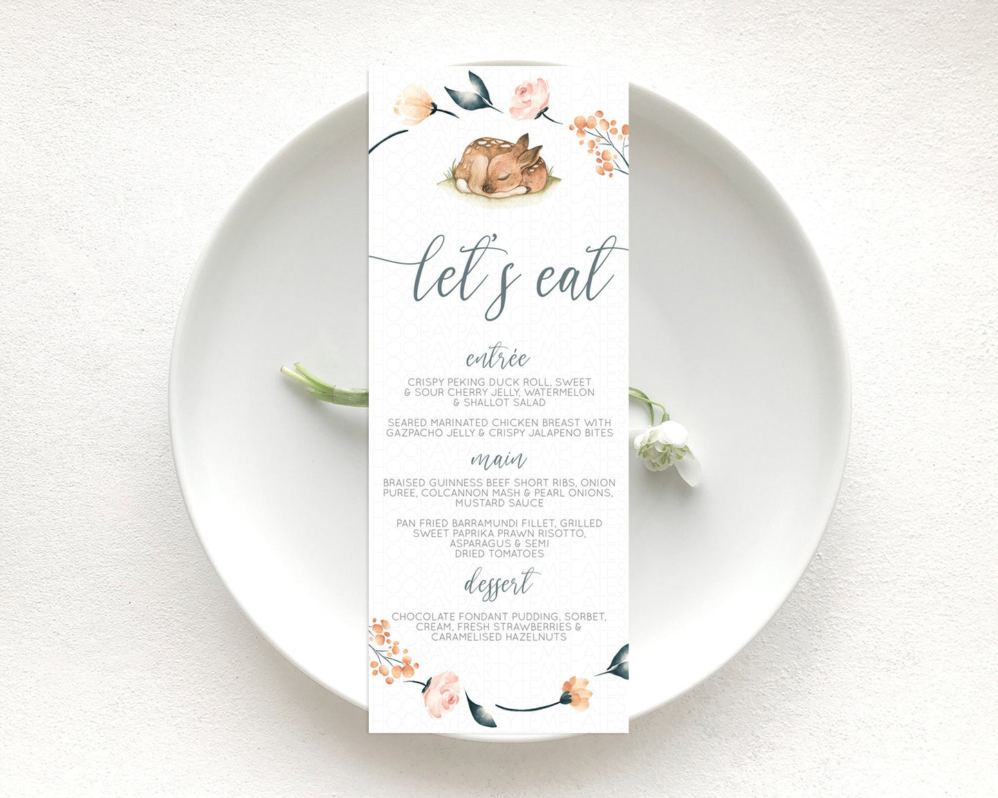 Fawn Menu Deer Menu Template Pastel Floral Deer Table Decor Enchanted Forest Butterfly Floral Dinner Dessert Menu Party Food Menu D10790