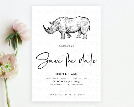 Rhino Save The Date Template Rhino Party Save The Date Safari Adventure Rhino Minimal Theme For 1st Birthday Baptism Baby Shower D10253