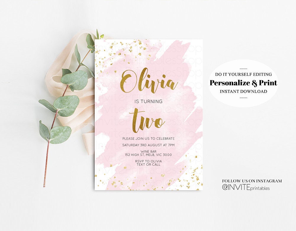 Pink Birthday Invitation Pink Splash Watercolor Invite Gold Glitter Sprinkles Ombre Pastel Invitation 1st 2nd 3rd Printable Editable Invite