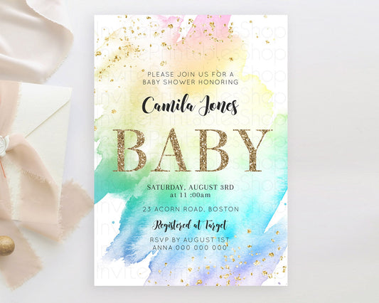 Editable Pastel Rainbow Baby Shower Invitation with Gold Glitter Sprinkles,