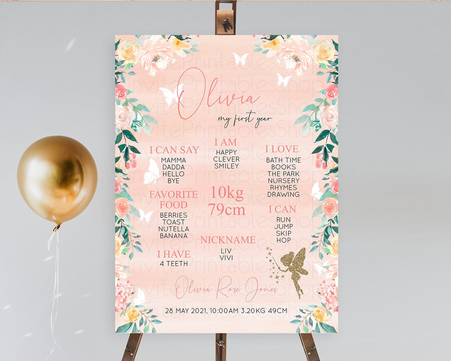 Fairy First Birthday Milestone Poster Fairy Secret Garden Milestone Board Enchanted Garden Pastel Floral Butterfly 1st Birthday Sign D10792