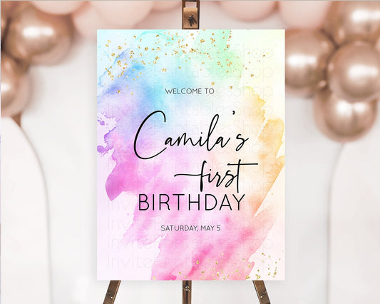 Pastel Welcome Sign Pastel Rainbow Welcome Sign Colorful Rainbow Confetti Watercolor Glitter Pastel First Birthday Welcome Sign D10449