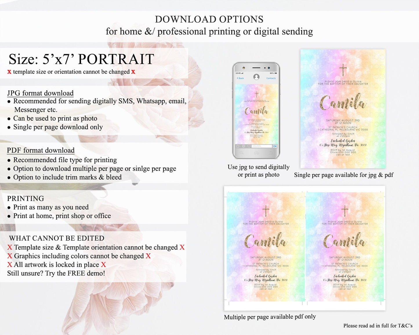 Pastel Baptism Invitation Pastel Colors Watercolor Baptism 1st Birthday Party Gold Ombre Pastel Rainbow Christening Holy Communion D10648