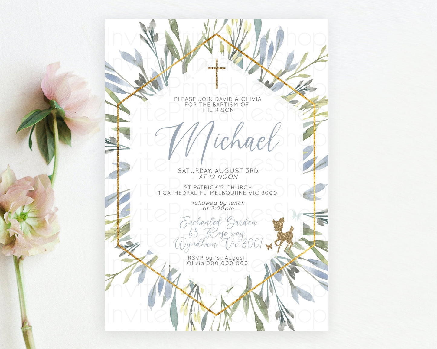 Fawn Baptism Invitation Deer Baptism 1st Birthday Invitation Enchanted Forest Christening Invitation Pastel Garden Butterfly Floral D10534