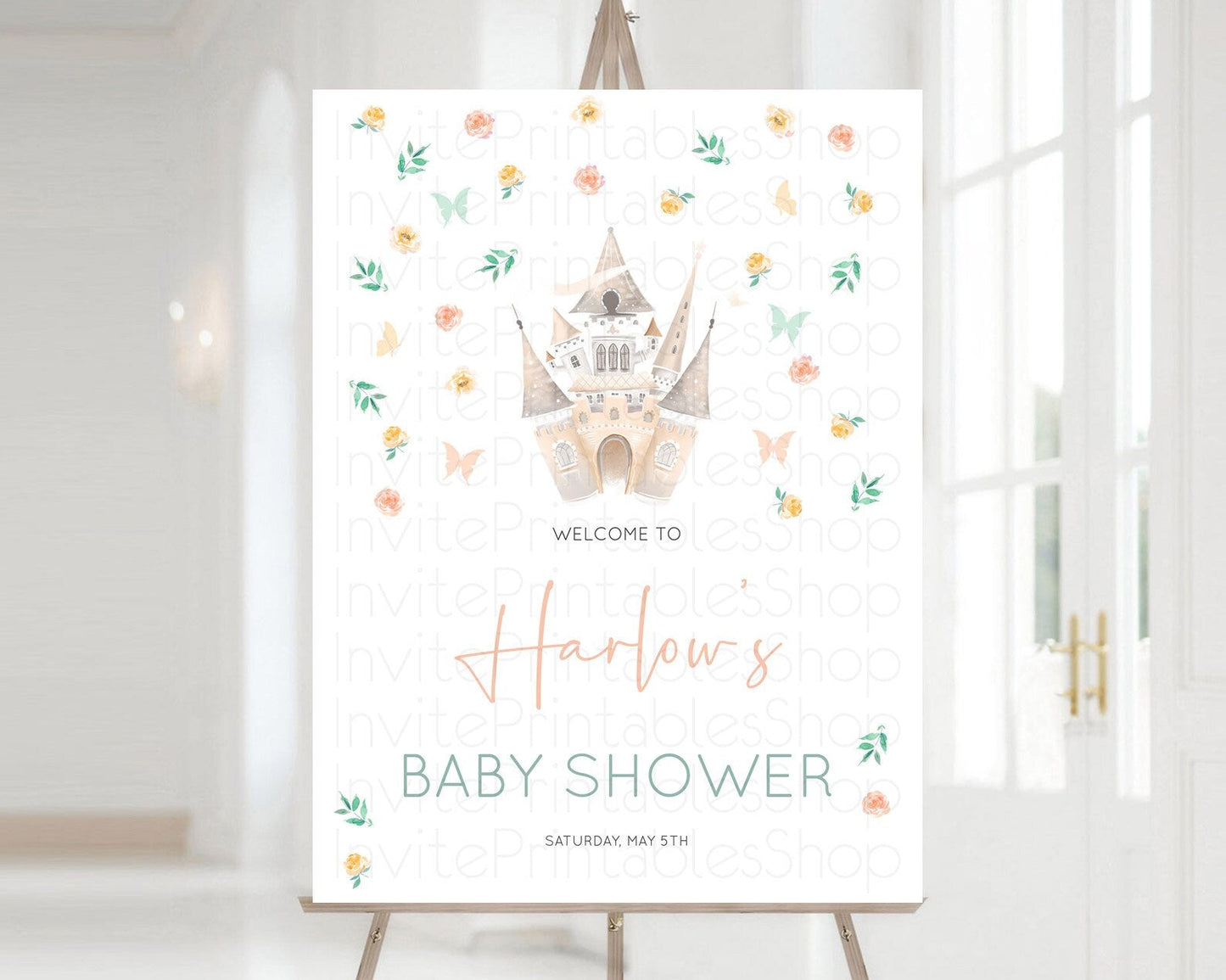 Princess Baby Shower Welcome Sign Castle Welcome Board Secret Garden Enchanted Castle Pastel Floral Garden Baby Shower Welcome Sign D10363