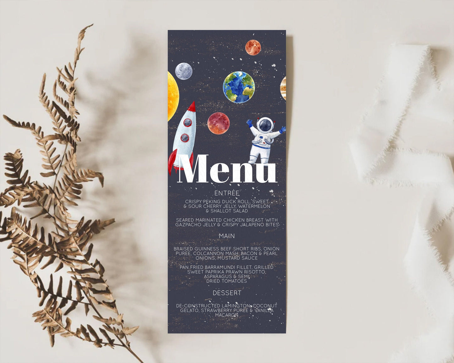 Space Menu Space Menu Template First Trip Around the Sun Table Decor Planets Solar System ONE year Food Menu Dinner Dessert Menu D10144