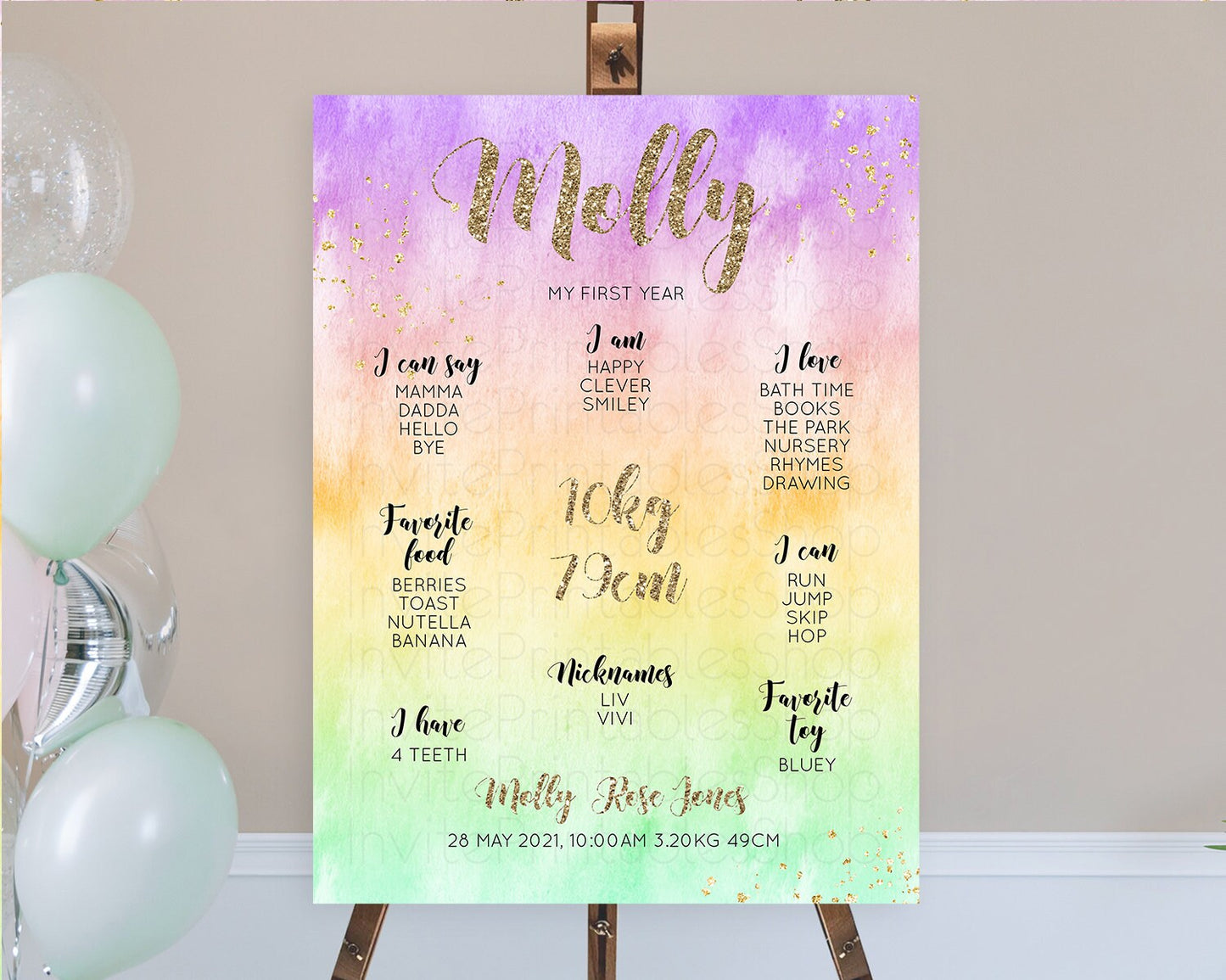 Pastel First Birthday Milestone Board Pastel Rainbow Milestone Poster Colorful Confetti Watercolor Glitter 1st Birthday Welcome Sign D10512