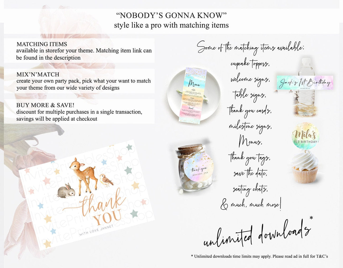Fawn Thank You Deer Thank You Card Pastel Floral Deer Birthday Thank You Card Enchanted Forest Butterfly Deer Teacher Thank You Card D10918