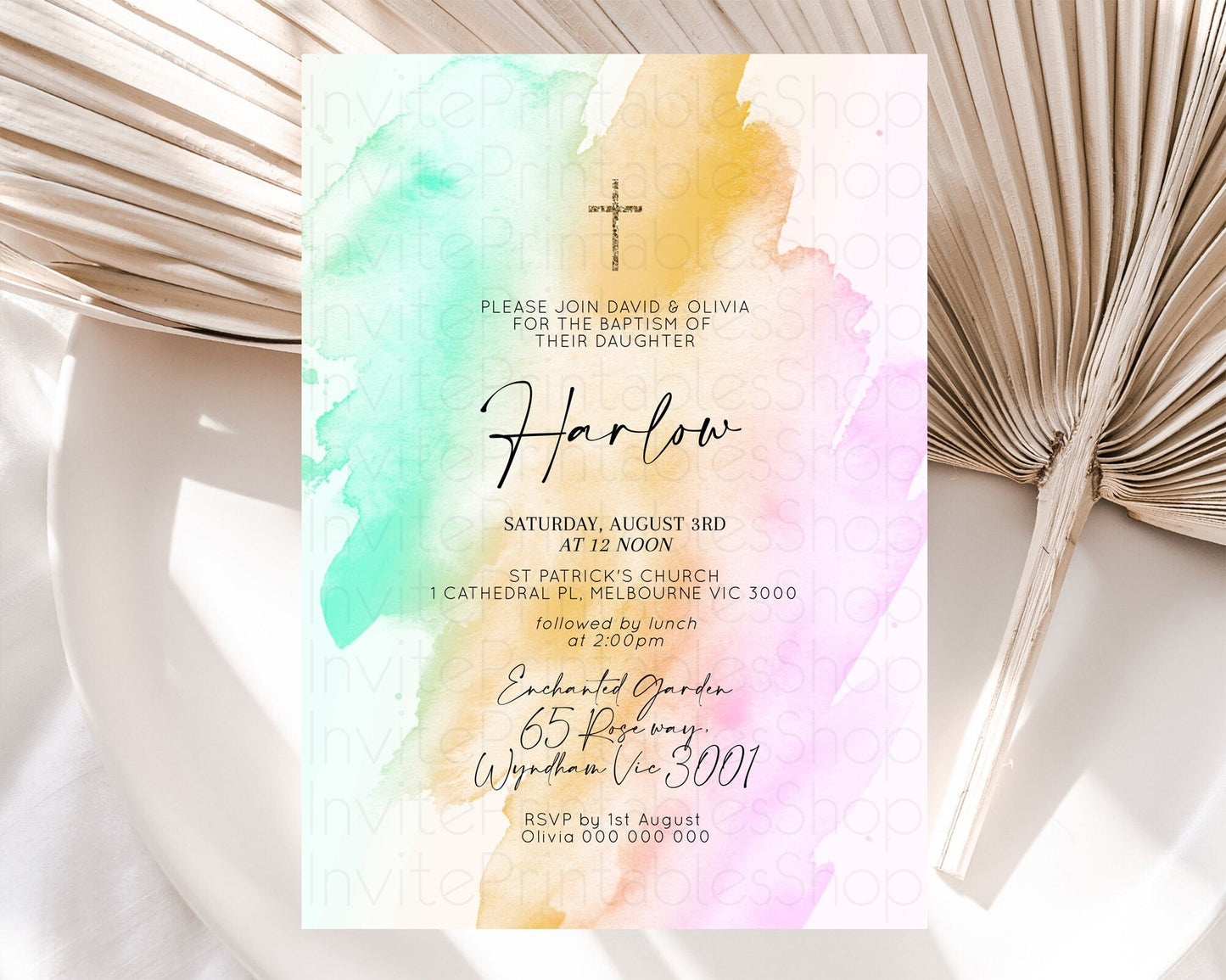 Pastel Baptism Invitation Pastel Colors Watercolor Baptism 1st Birthday Party Gold Ombre Pastel Rainbow Christening Holy Communion D10962