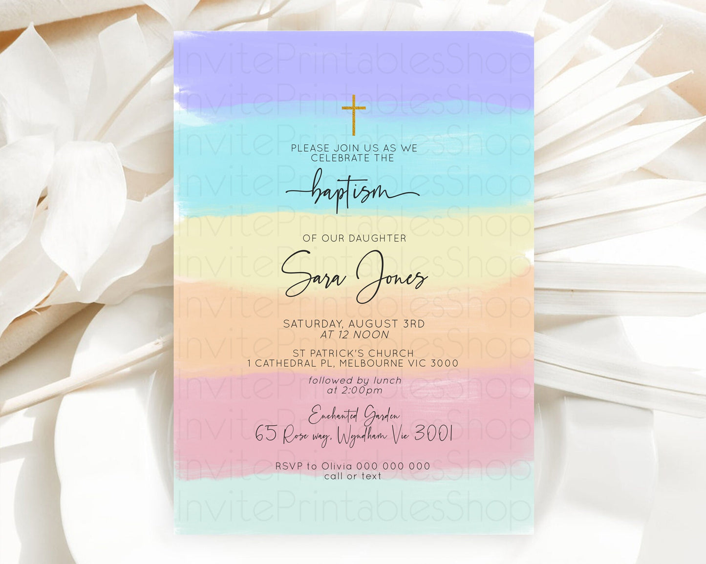 Pastel Baptism Invitation Pastel Colors Watercolor Baptism 1st Birthday Party Gold Ombre Pastel Rainbow Christening Holy Communion D10510