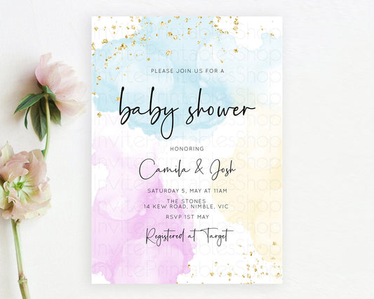 Pastel Baby Shower Invitation Rainbow Baby Shower Invitation Colorful Pastel Watercolor Invitation Gold Glitter Sprinkles Ombre D10155