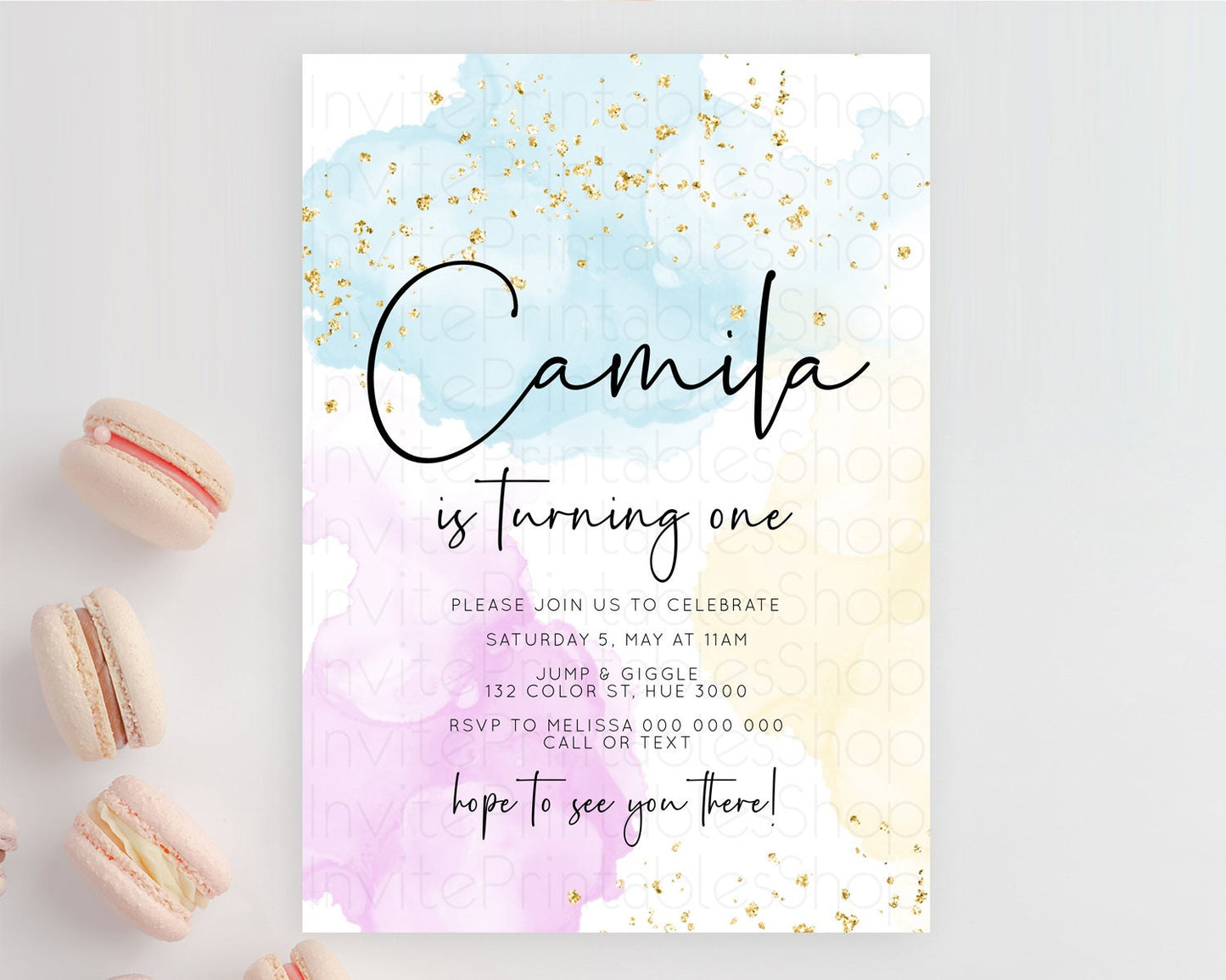 Rainbow Birthday Invitation Colorful Pastel Watercolor Invitation Gold Glitter Sprinkles Ombre Pastel 1st 2nd 3rd Birthday D10155